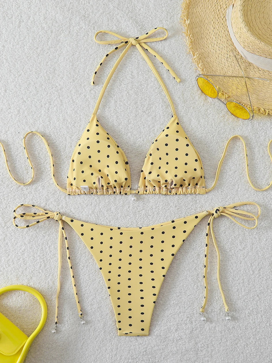 Micro Bikinis Set - Women's Swimwear Dot Print Halter Neck Lace Up Bikini