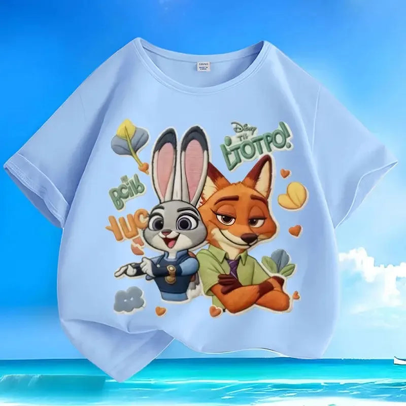 New loose pure cotton t-shirt with Disney Zootopia print, versatile, casual, summer, short-sleeved, with round neck,for children