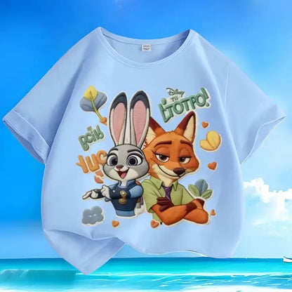 New loose pure cotton t-shirt with Disney Zootopia print, versatile, casual, summer, short-sleeved, with round neck,for children