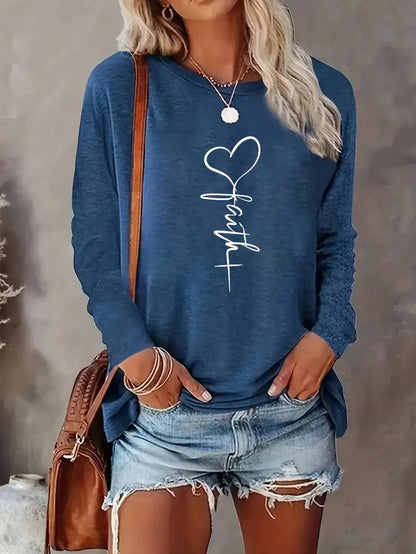 Women's Long-Sleeved Loose Round-Neck Top Elegant Solid Color Polyester Knitted T-Shirt Autumn and Winter Fashion Heart Pattern