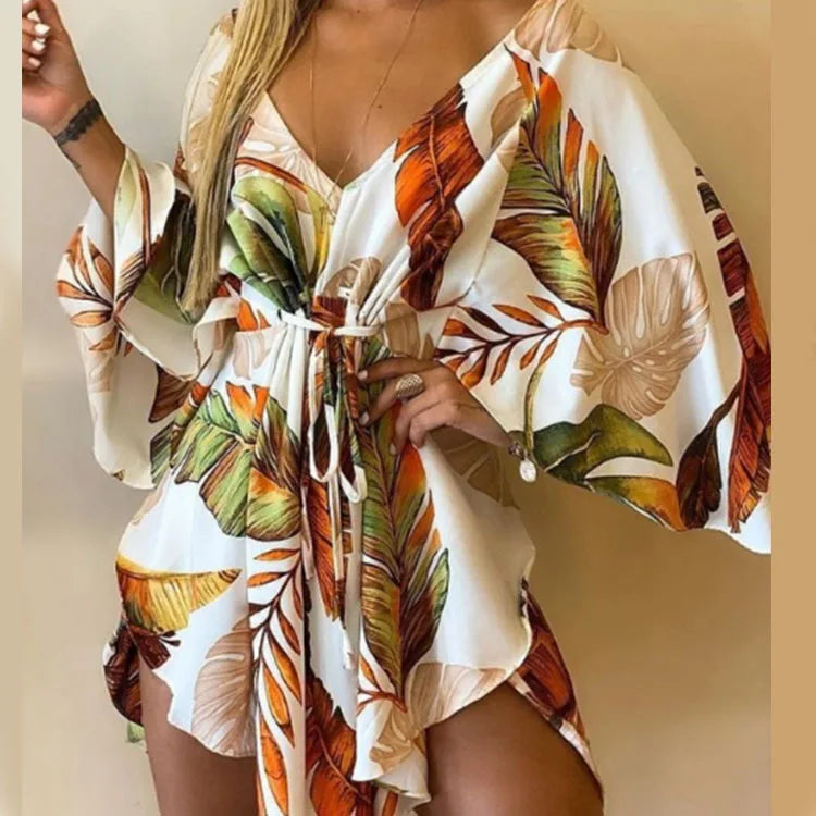 Women Print Dress - V-Neck Mini Sundress With Batwing Sleeve & Ruffle Detail