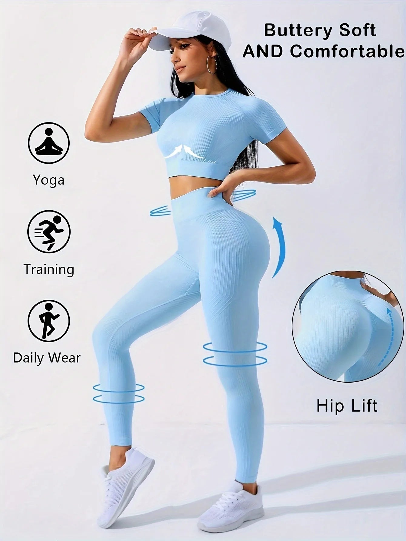 Workout Sets Outfits for Women – Yoga Leggings with Short Sleeve Crop Top, Slim Fit Tummy Control Butt Lifting Waist Shaping, Seamless Ribbed Texture, Breathable Soft Fabric, Non-Pilling, Perfect for Fall Winter Gym Yoga Ru