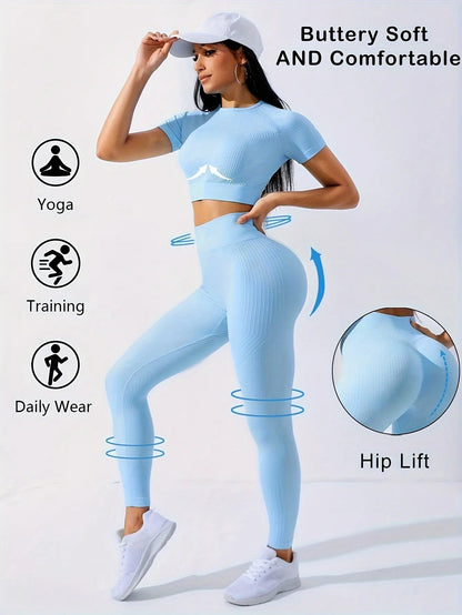 Workout Sets Outfits for Women – Yoga Leggings with Short Sleeve Crop Top, Slim Fit Tummy Control Butt Lifting Waist Shaping, Seamless Ribbed Texture, Breathable Soft Fabric, Non-Pilling, Perfect for Fall Winter Gym Yoga Ru