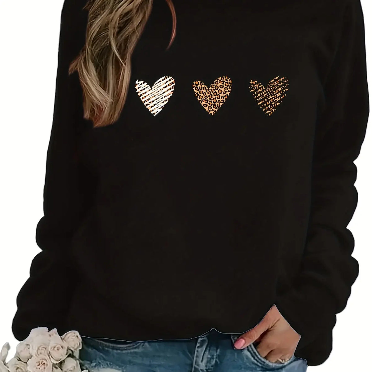 Women's autumn and winter loose casual leopard print heart-shaped print with velvet long sleeved round neck hoodie pullover