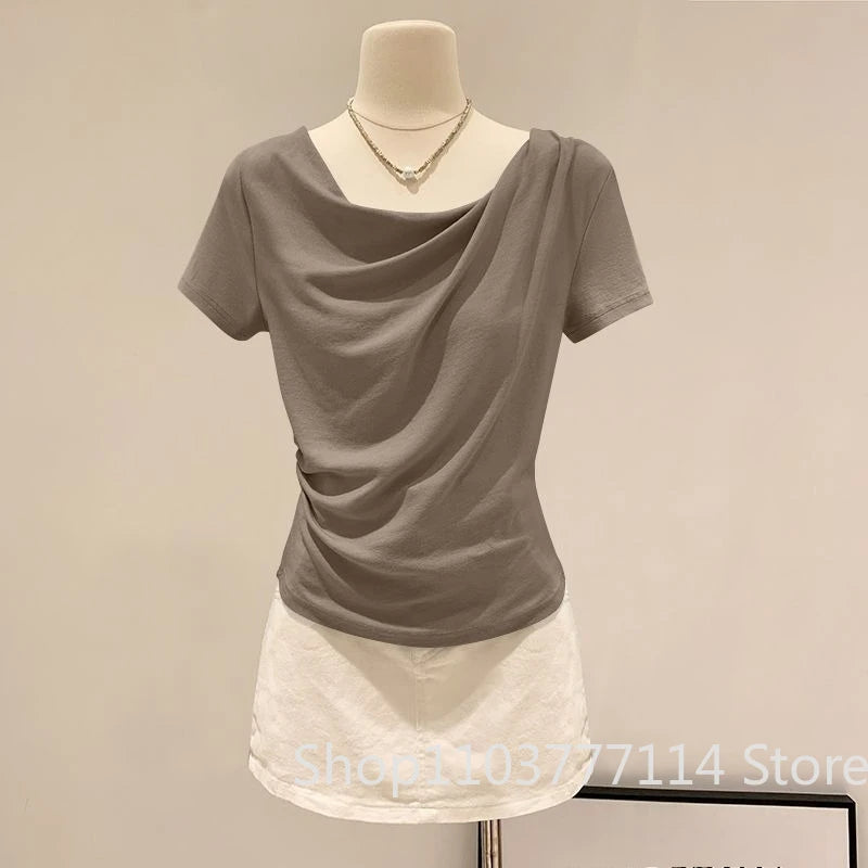 Summer Off Shoulder Top Women Summer Fashion Versatile Base Shirt Plus Size Slim Fit Short-sleeved T-shirt Casual and Sexy Beach