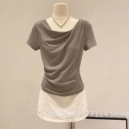 Summer Off Shoulder Top Women Summer Fashion Versatile Base Shirt Plus Size Slim Fit Short-sleeved T-shirt Casual and Sexy Beach