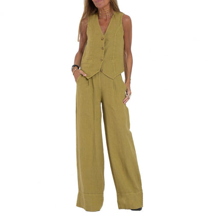 Autumn White Linen Two Piece Set For Women 2023 Fashion Sleeveless Tank Top New In Matching High Waist Wide Pants Set