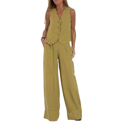 Autumn White Linen Two Piece Set For Women 2023 Fashion Sleeveless Tank Top New In Matching High Waist Wide Pants Set