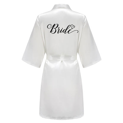 Light Blue Women's Satin Robe Short Kimono for Bride & Bridesmaid With White Letter, Wedding Party Robes