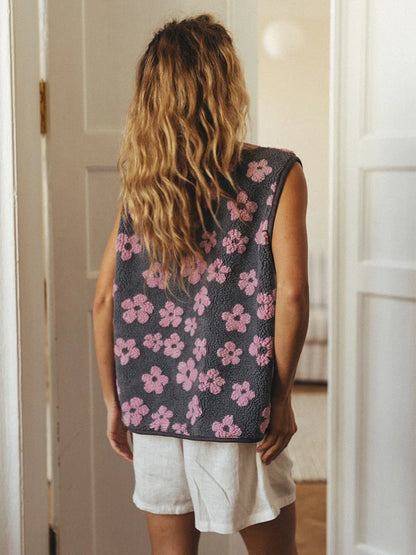 Bornladies Womens Autumn Winter New Fleece Open Front Printed Vest Warm Stylish Loose Chic Sleeveless Jacket