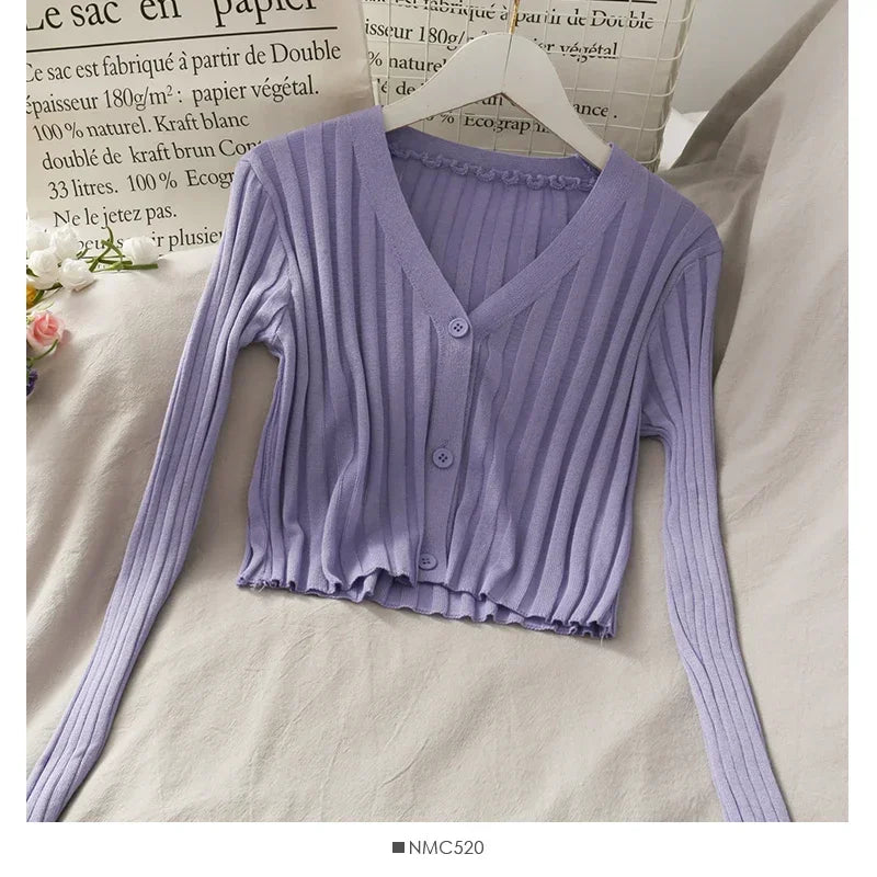 Women's Acrylic Long Sleeve V-Neck Button-Down Slim Cropped Ribbed Knit Cardigan Thin Solid Stretch Crop Top Knitwear