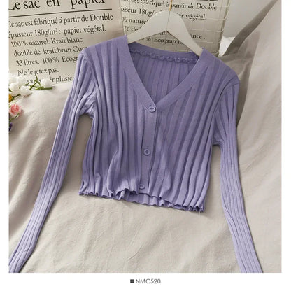 Women's Acrylic Long Sleeve V-Neck Button-Down Slim Cropped Ribbed Knit Cardigan Thin Solid Stretch Crop Top Knitwear