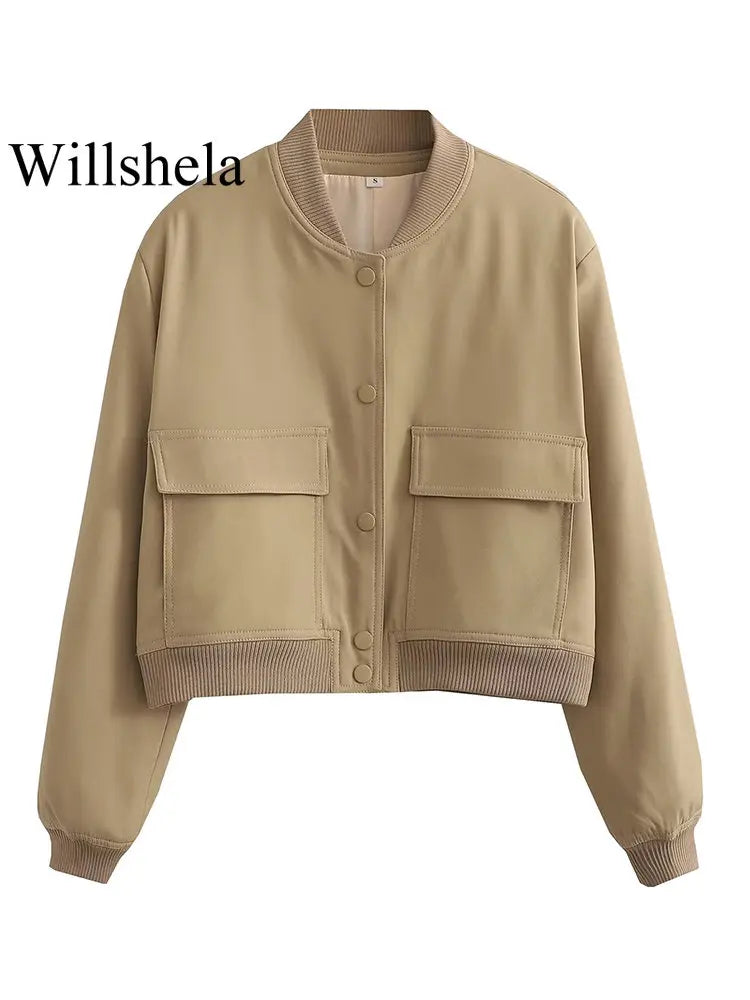 Women Bomber Jacket - Solid V Neck Single Breasted Polyester Coat With Pockets