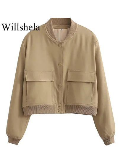 Women Bomber Jacket - Solid V Neck Single Breasted Polyester Coat With Pockets