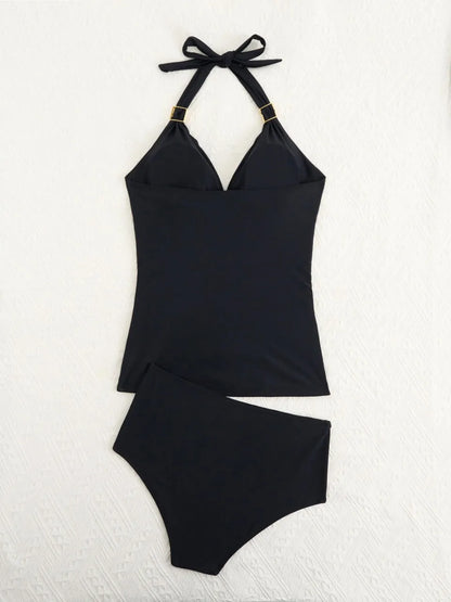 2026 Halter Tankini Set 2 Pieces Solid Backless Swimwear Women High Waist Swimsuit Female Bathing Swimming Suit Padded Beachwear