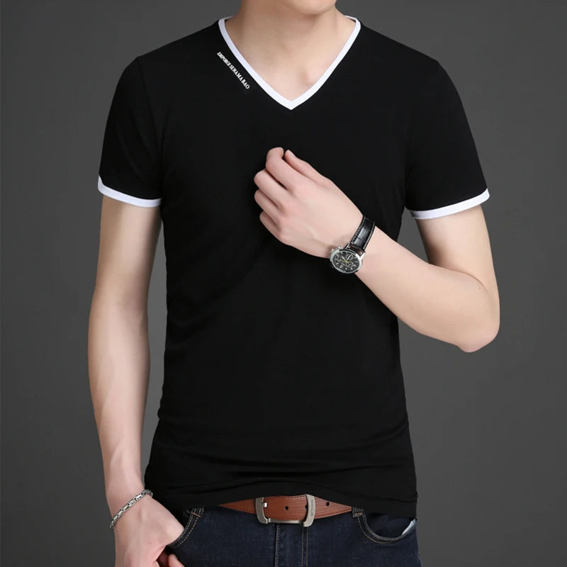 Men's V-Neck T-Shirt - Breathable Polyester Casual Tee, Solid Color Summer Top