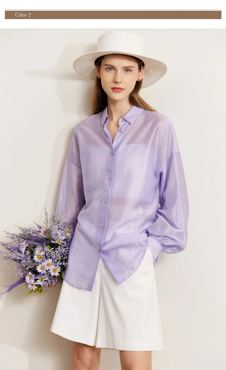 AMII Minimalist Blouse for Women 2023 Autumn Lantern Sleeve V-Neck Slightly Transparent Elegant Commuter Clothing Tops 72341030