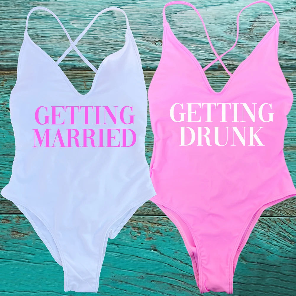 GETTING MARRIED Padded Bride  One Piece Swimsuit GETTING DRUNK Women Swimwear Bathing Suit Swimming Suit Summer SQUAD Beachwear