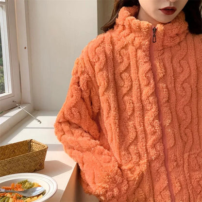Autumn Winter Sweet Coral Fleece Pajamas Women Fleece-lined Thickened 2023 New Zip-up Flannel Warm Home Wear Set