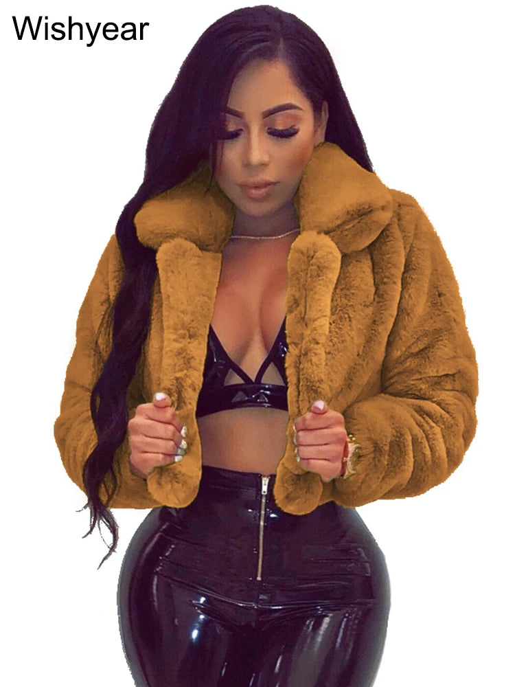 Faux Fur Crop Jacket - Women's Winter Jacket With Open Stitch Lapel & Turn-Down Collar