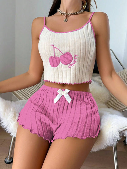 Womens Summer Brushed Pajama Set Cute Y2K Embroidered Cherry Ribbed Cami Top Ruffle Shorts Two Piece Loungewear Sleepwear