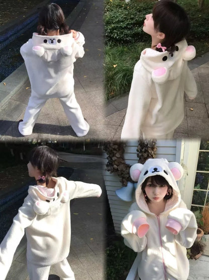 Cute Japan Bear Sleepwear Rilakkuma Y2K Hoodie Pajama Set Girls Fleece Lined Hooded Homewear Suit Autumn Winter Loungewear New