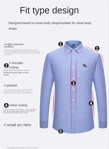 100% Pure Cotton Men's Long Sleeve Shirt Business Casual Solid Color Embroidered Oxford Spun Shirt
