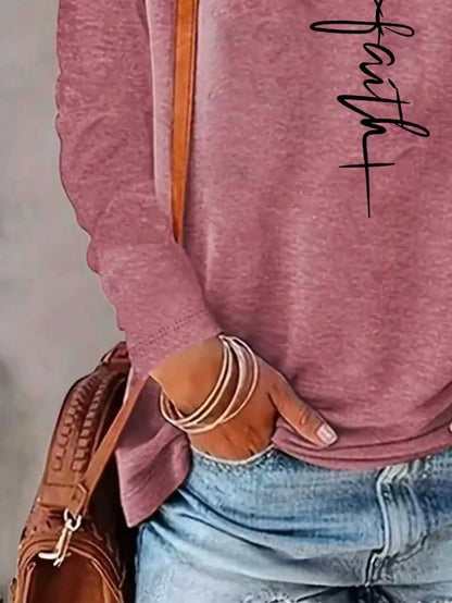 Women's Long-Sleeved Loose Round-Neck Top Elegant Solid Color Polyester Knitted T-Shirt Autumn and Winter Fashion Heart Pattern