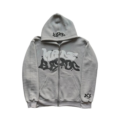 Men's Retro American Letter Zipper Printed Hooded Sweatshirt, Unisex Autumn and Winter Open Cardigan