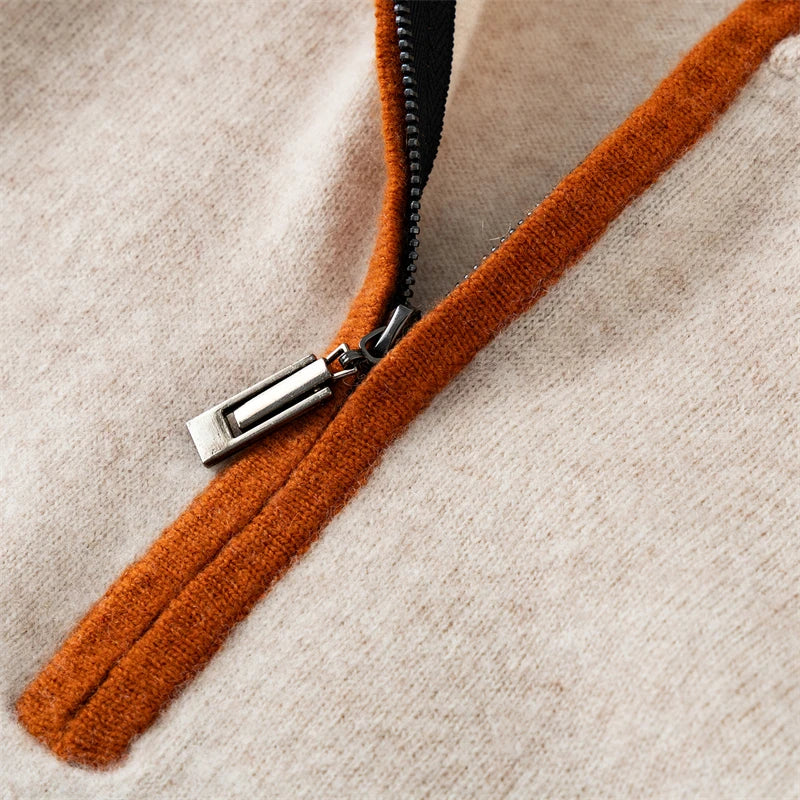 Men's 100% Cashmere Pullover Sweater Autumn/Winter Business Leisure Color Block Knitted Loose Fit Half High Collar Zipper Top