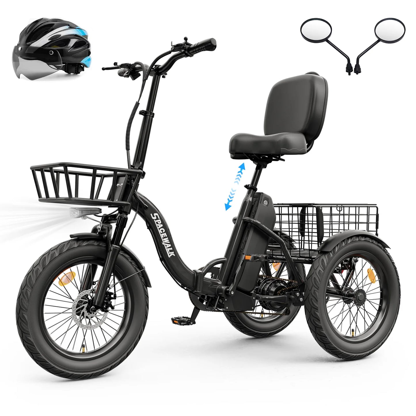 Spacewalk 1200W Peak Electric Trike for Adults, 48V 15Ah Battery 3 Wheel Electric Bike with 60 Miles Range, 18×3.0 Fat Tires, Dual Disc Brakes, Rear Cargo Basket, Adjustable Comfort Seat, Folding E Tricycle for Seniors-Black