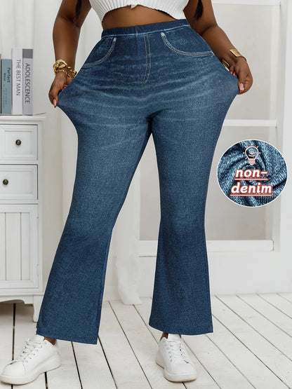 Plus Size Denim Print High-Stretch Flared Pants Loose Fit Comfortable Slimming Non-Jeans Fabric Women's Casual Trousers