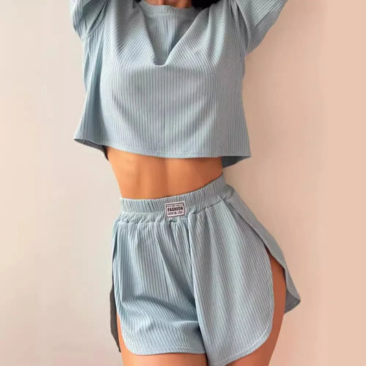 Women's Ribbed 2-Piece Loungewear Set, Crop Top & Shorts Pajama Set, Soft Sleepwear for Daily Lounge
