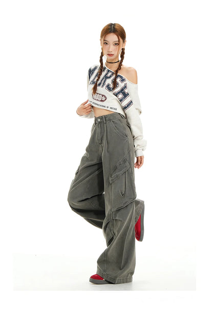 Retro Casual High Waisted Baggy Cargo Jeans Women Washed Distressed Wide Leg Pants Brown Denim Y2K Streetwear Vintage Trousers