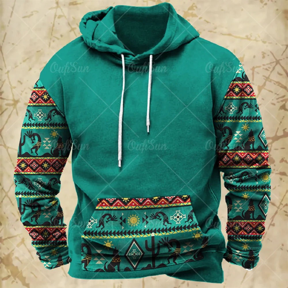 Men Hooded Vintage Print  Sweatshirt Ethnic Style Hoodie Autumn and Winter Oversized Casual Men's Clothing Daily Street Pullover