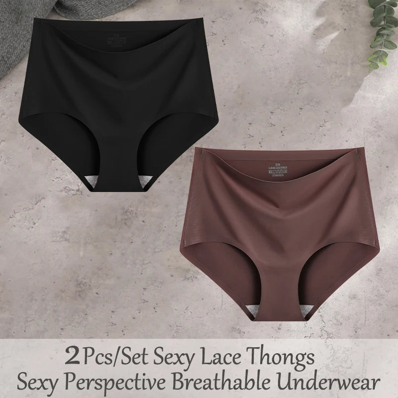 FINETOO 2Pcs/Set Summer Traceless Ice Silk Panties For Women Solid Color High Waist Underpants Female Breathable Sexy Lingerie