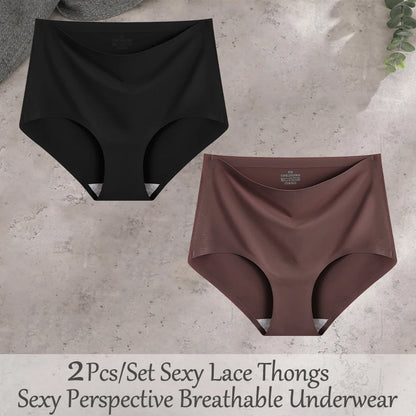 FINETOO 2Pcs/Set Summer Traceless Ice Silk Panties For Women Solid Color High Waist Underpants Female Breathable Sexy Lingerie