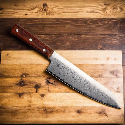 Damascus Chef Knife - Japanese Santoku Slicing Knife with Solid Wood Handle