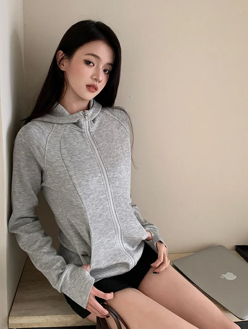 Gray Zipper Hooded Sweatshirt Women 2026 New Korean Slim Fit Cardigan Long Sleeve Coat Woman Solid Pockets Sports Hoodies Jacket