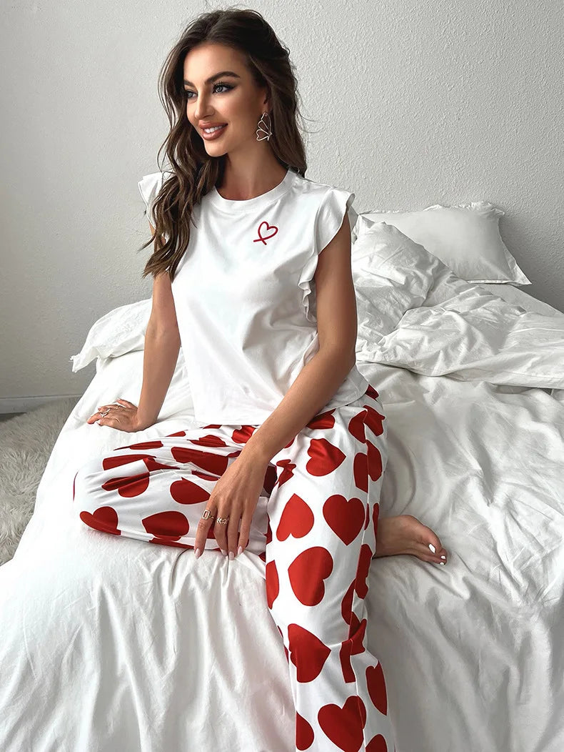 Spring Summer Heart Print Sleepwear Women Comfortable Pajamas Set Short Sleeve T-shirt with Pants Casual Homewear Loungewear