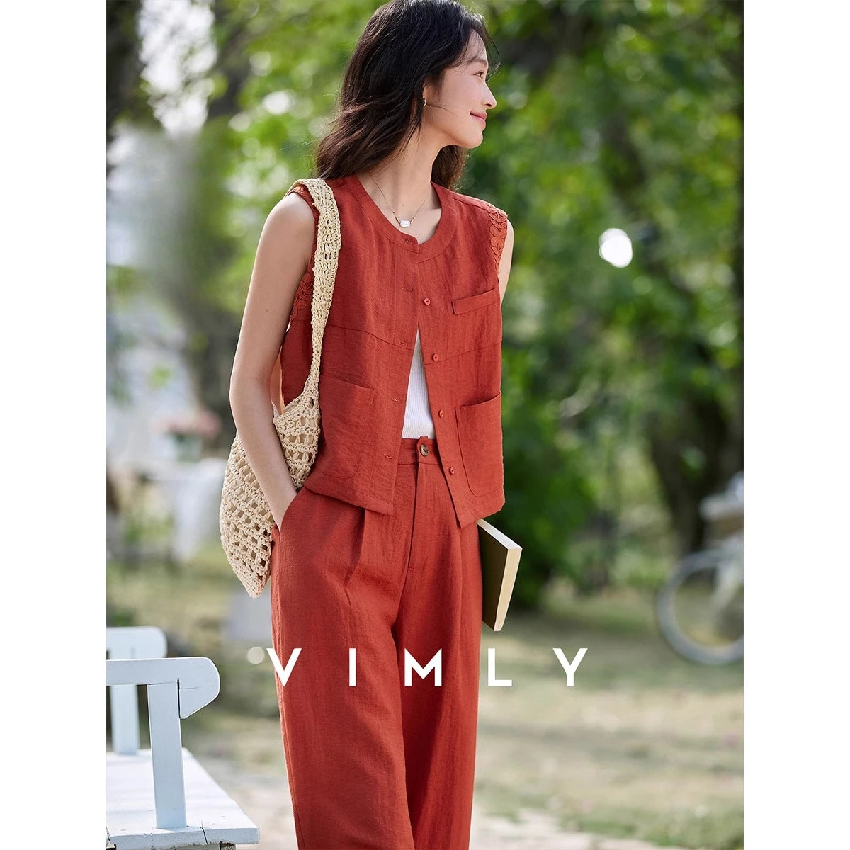 VIMLY Linen Blend Pant Set Two Piece Old Money Style Woman Summer Outfits 2026 Sleeveless Vest Wide Legs Pants Lady Suit A0820
