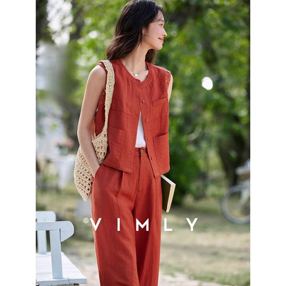 VIMLY Linen Blend Pant Set Two Piece Old Money Style Woman Summer Outfits 2026 Sleeveless Vest Wide Legs Pants Lady Suit A0820