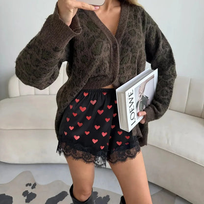 Women's Satin Sleep Shorts – Heart-Print Lace Lounge Shorts