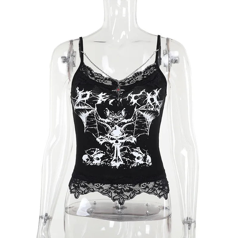 AltGoth Gothic Punk Camis Women Streetwear Harajuku Y2k Grunge Graphic Bat Printed Lace Patchwork Crop Tank Top with Chain Femme