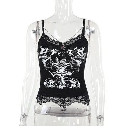 AltGoth Gothic Punk Camis Women Streetwear Harajuku Y2k Grunge Graphic Bat Printed Lace Patchwork Crop Tank Top with Chain Femme