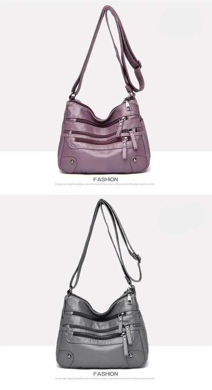 Soft Leather Shoulder Bag - Women's Crossbody Double Layered Large Capacity Tote