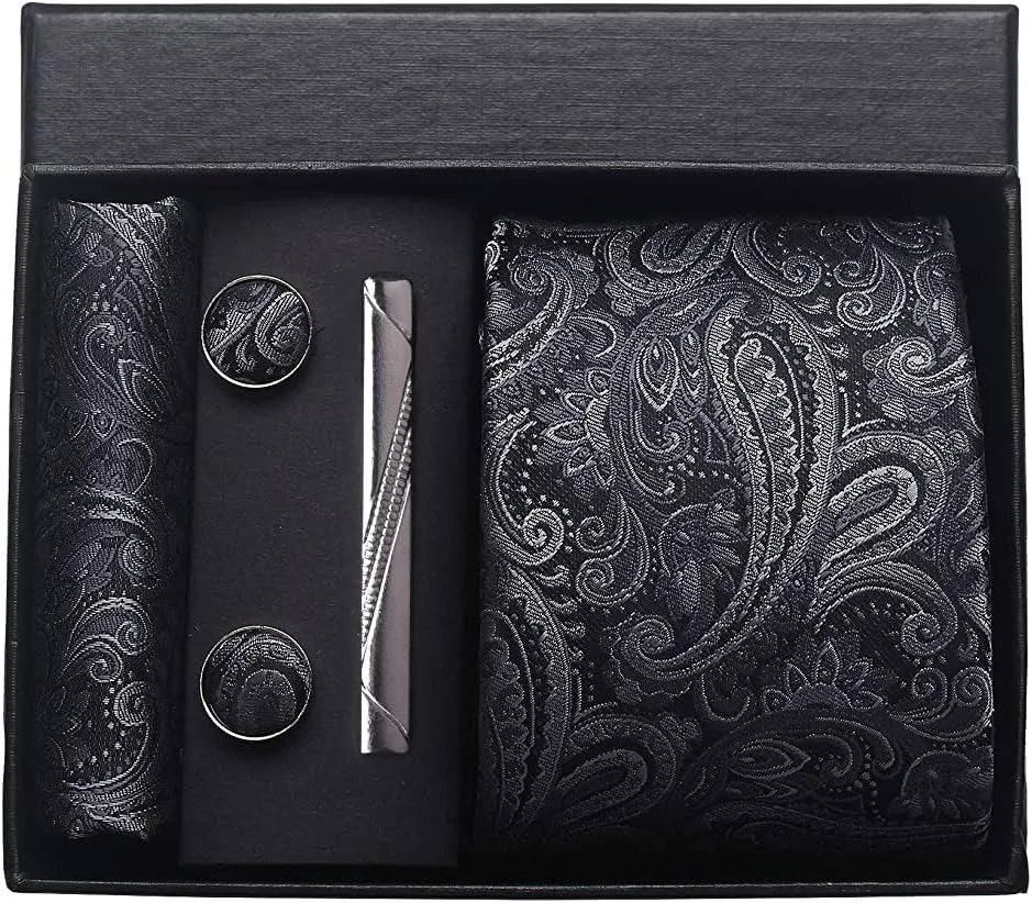 Silk Necktie Set - Paisley Floral Tie with Pocket Square Tie Clip  Cufflinks for Men in Gift Box