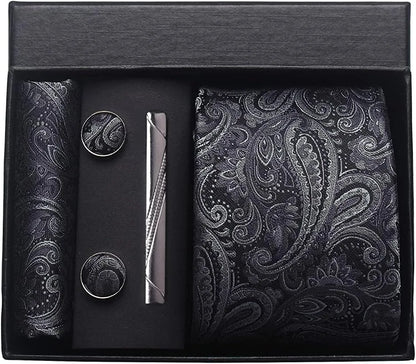 Silk Necktie Set - Paisley Floral Tie with Pocket Square Tie Clip  Cufflinks for Men in Gift Box