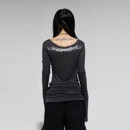 Seeslim Gothic Graphic T Shirts Women Long Sleeve Korean Fashion 2000s Clothes Y2k Slim Spring Autumn Tops Tees Female Clothing