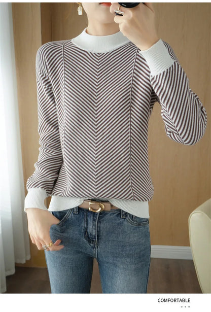 Women's autumn and winter 100% pure cotton knitted semi high neck pullover casual striped warm sweater fashionable hot selling